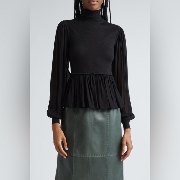 ULLA JOHNSON 
Liana Mix Media Balloon Sleeve Peplum Turtleneck - Picture 1 of 10